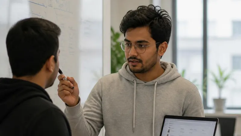 A man in a grey hoodie explaining something to a colleague in an office, a laptop in his hand.