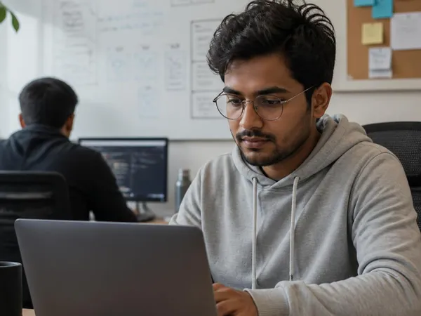 A man in a grey hoodie working at a laptop, a colleague at a computer behind him.