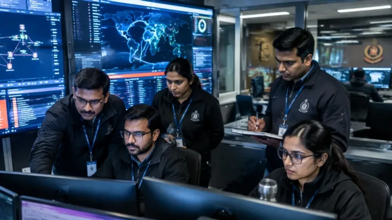 Indian cybersecurity and CERT-In incident response command center with analysts monitoring security screens.