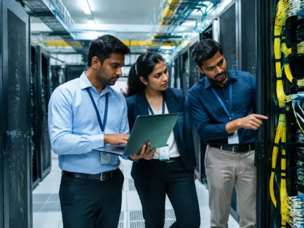 Indian Tier-4 data center server hall with network engineers inspecting encrypted racks.