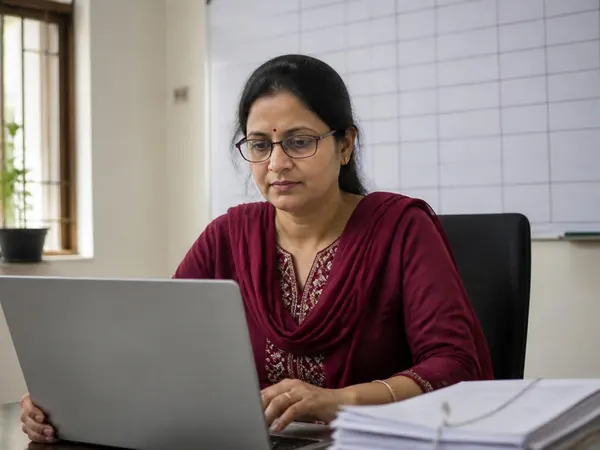 A woman working on a laptop beside a stack of papers.