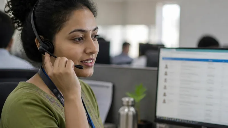 A woman wearing a headset on a call in an open office, a customer list on the screen beside her.