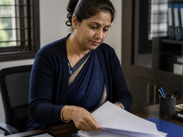 A woman in a saree at her desk going through papers.