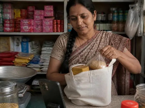 A woman at a kirana store packing groceries into a cloth bag.
