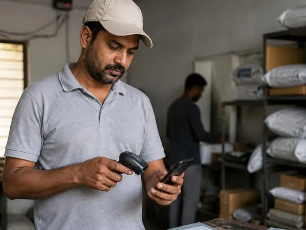 A man in a cap holding a barcode scanner and a phone, parcels on shelves behind him.