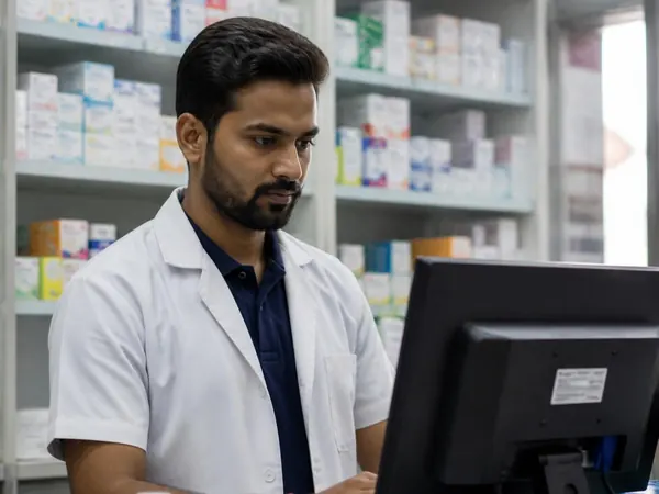 A pharmacist in a white coat working at a computer, medicine shelves behind him.