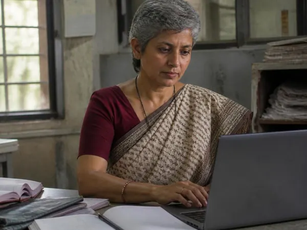 A woman working on a laptop beside open books and papers.