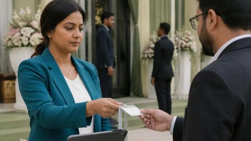 A woman in a teal blazer at an event registration desk handing a badge to a man in a suit.