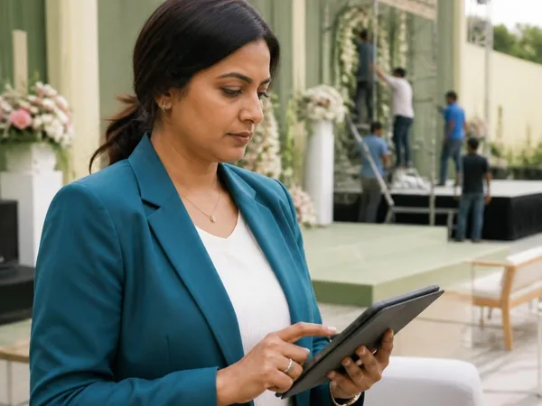 A woman in a teal blazer checking a tablet at an event venue.