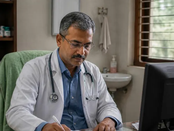 A doctor at a clinic desk writing on paper, a computer monitor beside him.