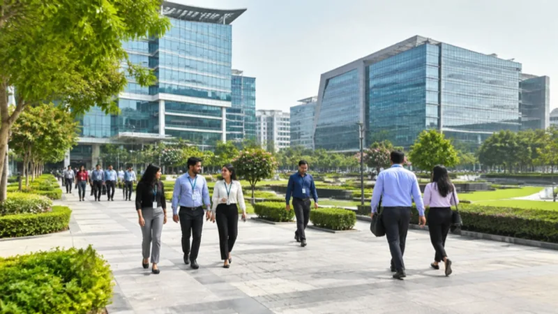 Noida and Gurugram IT corridor technology campus with Indian engineering and governance teams walking outdoors.