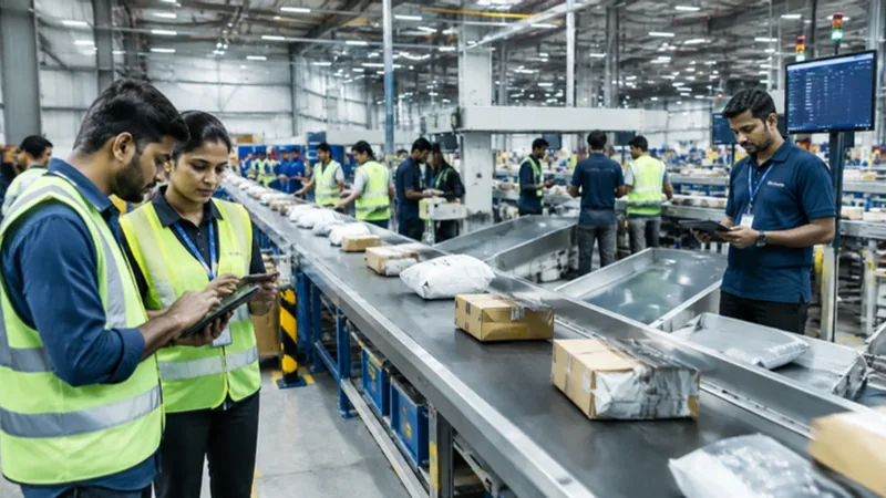 Indian e-commerce fulfilment warehouse and logistics hub with operations managers supervising automated parcel sorting lanes.
