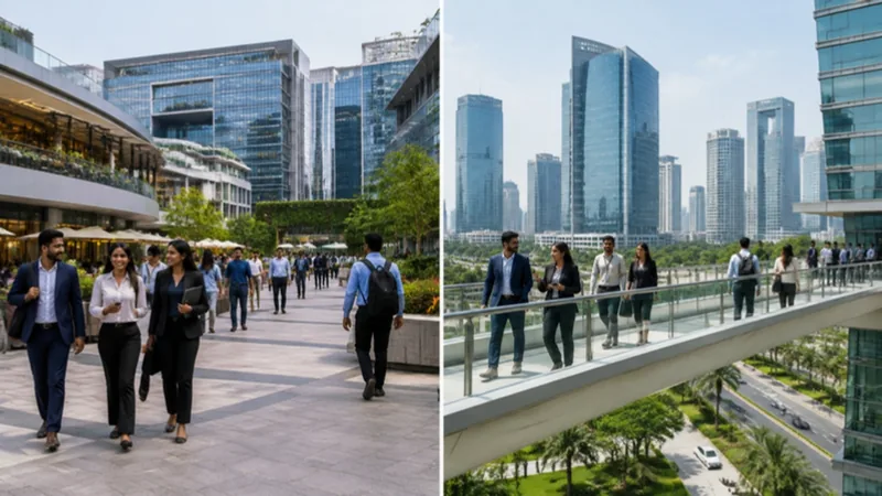 Mumbai BKC and Gurugram Cyber Hub financial district with Indian fintech product and compliance teams walking across the corporate plaza.