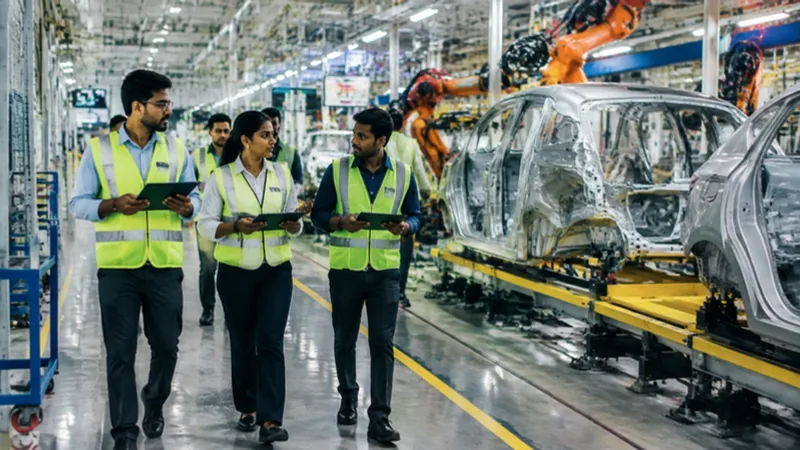 Indian automotive and electronics manufacturing plant floor with engineers and HR supervisors using digital tablets.