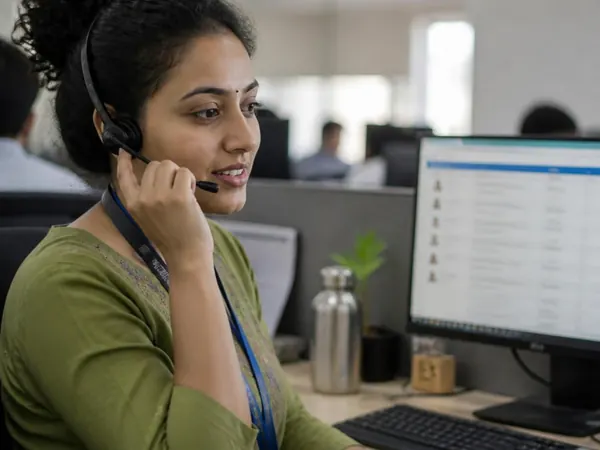 A people-operations coordinator wearing a headset at an open-office workstation with an employee directory on her monitor.