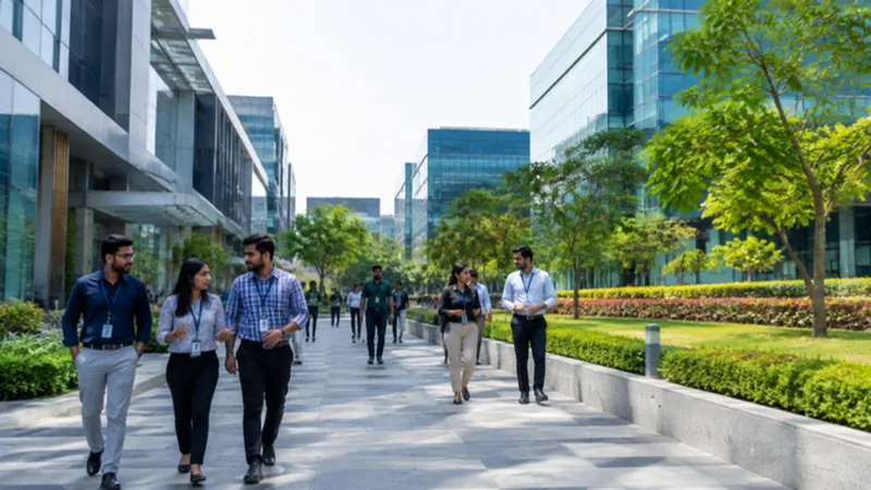 Bengaluru IT park campus with Indian software engineers and compliance leads walking outdoors in front of glass technology towers.