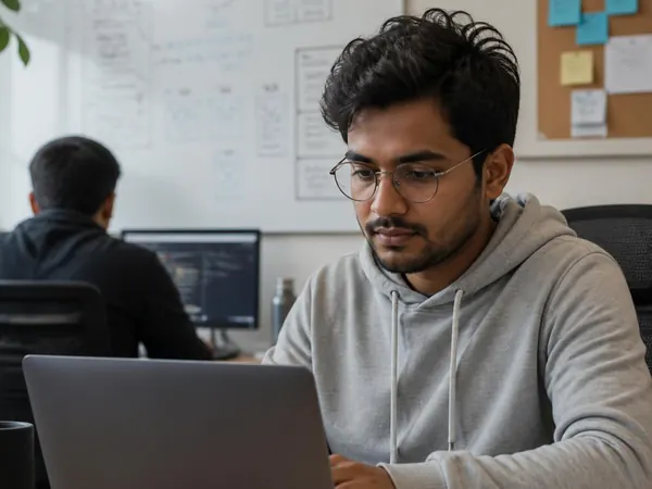 A SaaS engineering lead working at a laptop with a colleague monitoring cloud systems behind him.