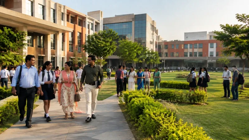 Indian university and school campus courtyard with educators, students and parents walking along the academic quadrangle.