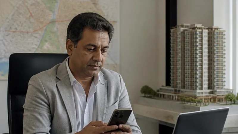 A man at his desk looking at his phone, a laptop open beside a model of a building.