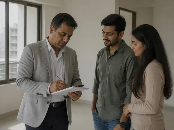 A property broker in a bright flat noting down details while talking to a young couple.