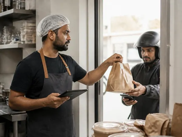 A cloud kitchen cook handing a packed food order to a delivery rider, an order tablet in hand.