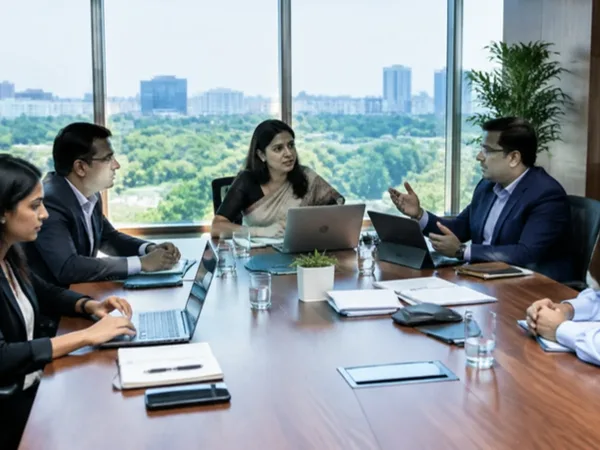 Indian enterprise boardroom with Data Protection Officer and legal counsel reviewing statutory data audit checklists.