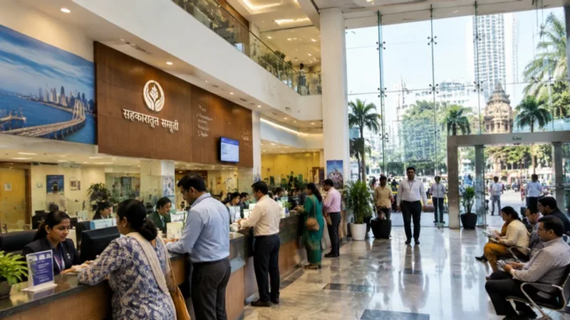 Modern Indian cooperative bank hall with banking officers and customers at service counters.