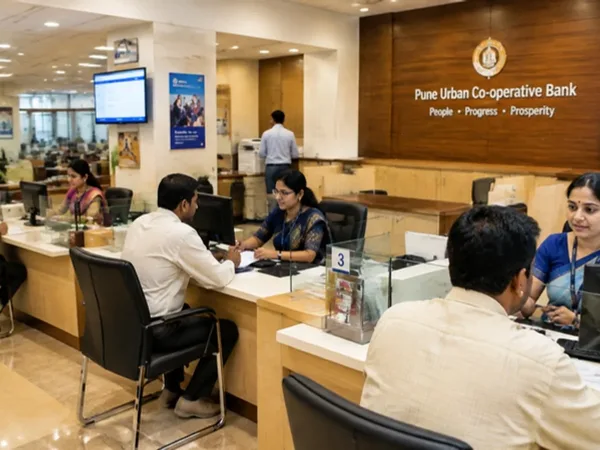 Indian urban cooperative bank branch interior with staff serving local citizens and depositors.