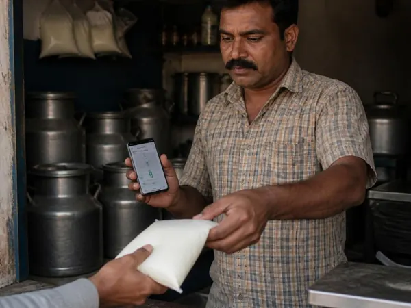 A man at a dairy shop handing over a milk packet, a phone in his other hand.
