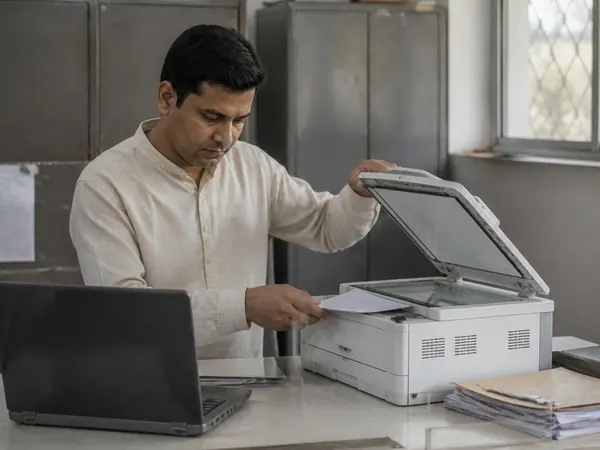 A man placing a document on a photocopier, a laptop open beside him.