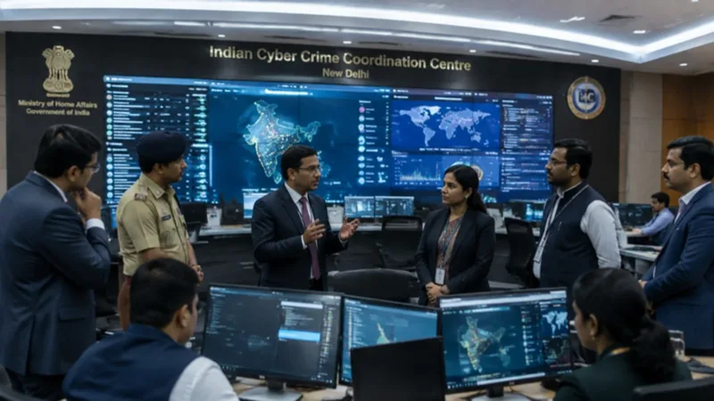 Indian Cyber Crime Coordination Centre and police cyber fusion hall with officers.