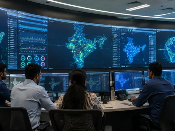 Indian telecom and cloud network operations center with engineers monitoring infrastructure.