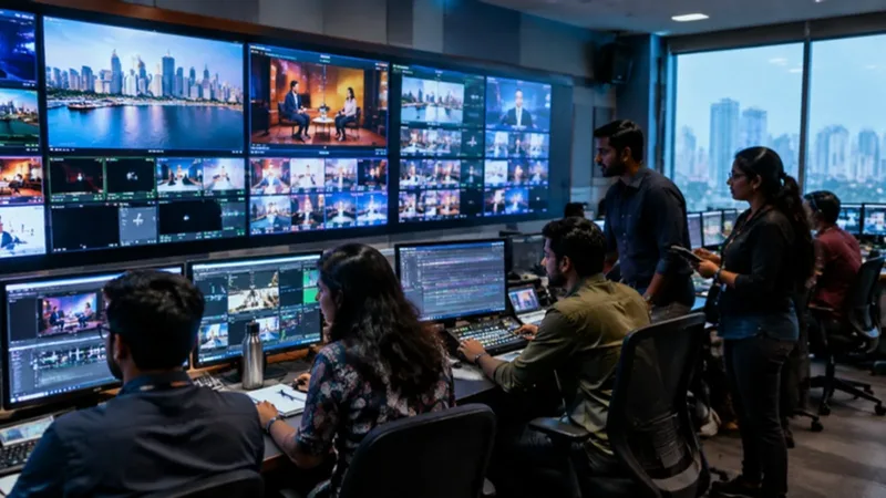 Indian digital broadcast newsroom and media control room with editors and compliance officers.