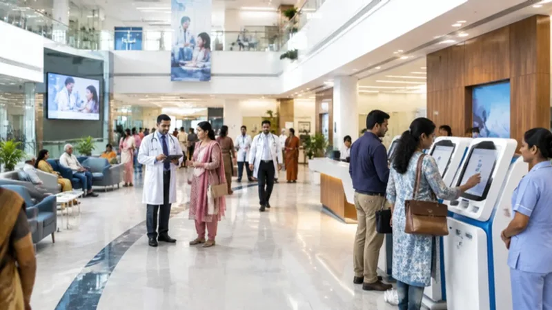 Indian multi-specialty dental and hospital clinic reception with doctors, nurses and digital patient registration kiosks.
