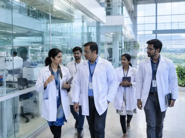 Indian clinical and pharmaceutical research campus with healthcare professionals reviewing electronic prescription workflows.