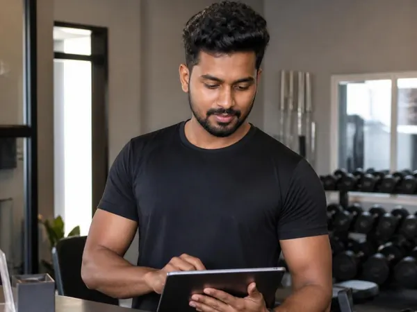 A man in a gym using a tablet, dumbbells on a rack behind him.