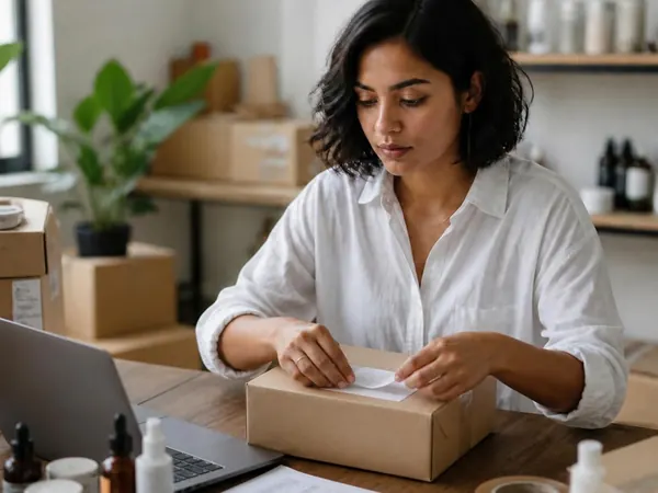 A woman putting a label on a shipping box, a laptop open beside her.