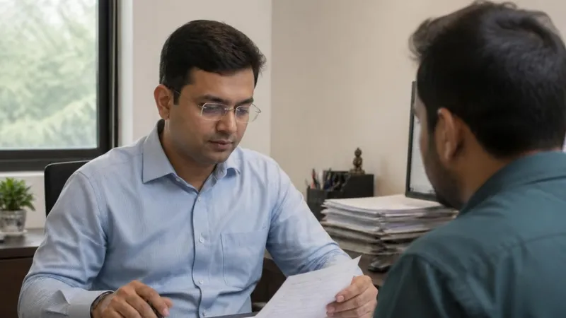A man in a blue shirt at his desk reviewing a printed sheet while a colleague sits across from him, files and a monitor behind them.