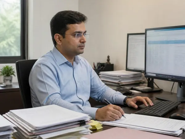 A man in a blue shirt at his desk with stacks of files and two monitors, a pen in his hand.