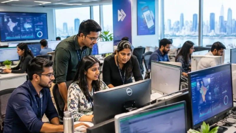 Indian digital banking and mobile authentication floor with specialists verifying mobile sessions.