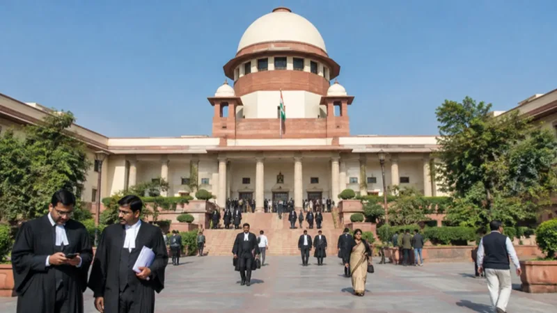 Supreme Court of India courthouse dome and colonnade in New Delhi with advocates and citizens.