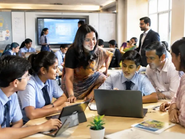 Indian school digital classroom and learning hall with teachers, parents and students.