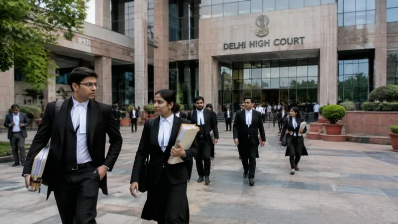 Delhi High Court and judicial complex exterior with legal professionals and citizens.