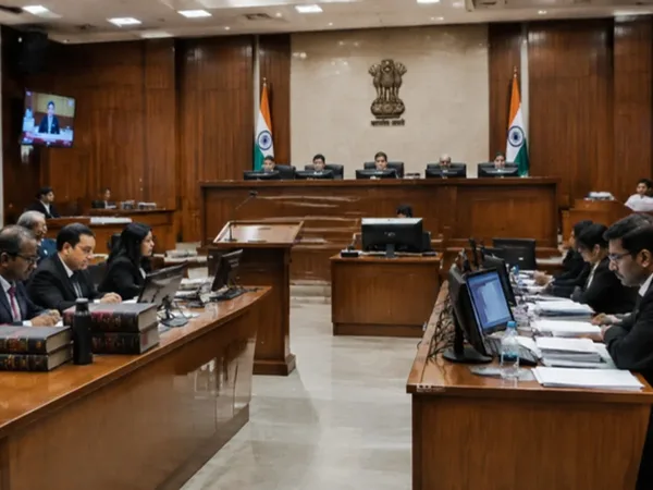 Indian regulatory tribunal hearing hall with bench and legal counsel.
