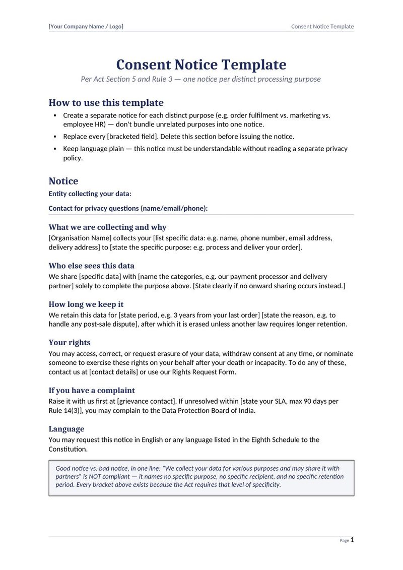 First page of the Consent Notice (step 05)