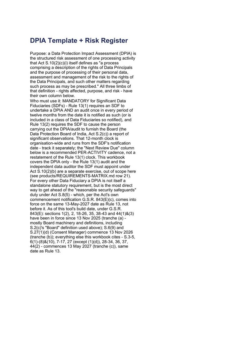 First page of the DPIA + Risk Register (step 08)