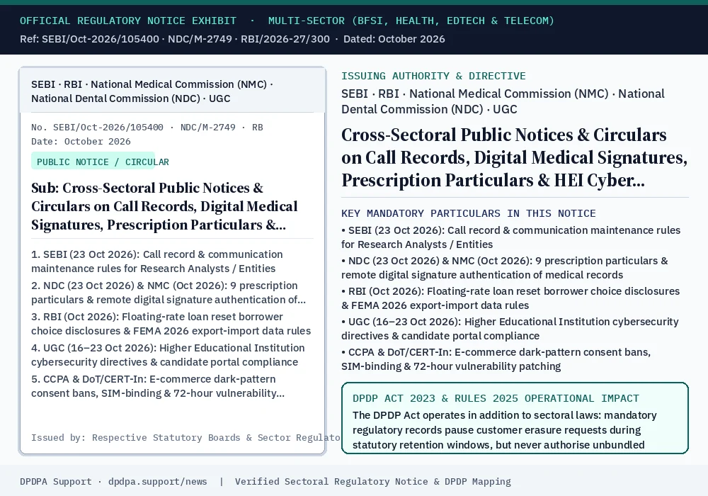 Official regulatory notice exhibit: Cross-Sectoral Public Notices & Circulars on Call Records, Digital Medical Signatures, Prescription Particulars & HEI Cyber Directives