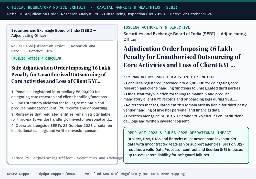 Official regulatory notice exhibit: Adjudication Order Imposing ₹6 Lakh Penalty for Unauthorised Outsourcing of Core Activities and Loss of Client KYC Records