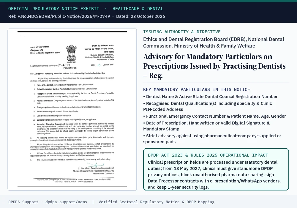 Official regulatory notice exhibit: Advisory for Mandatory Particulars on Prescriptions Issued by Practising Dentists – Reg.