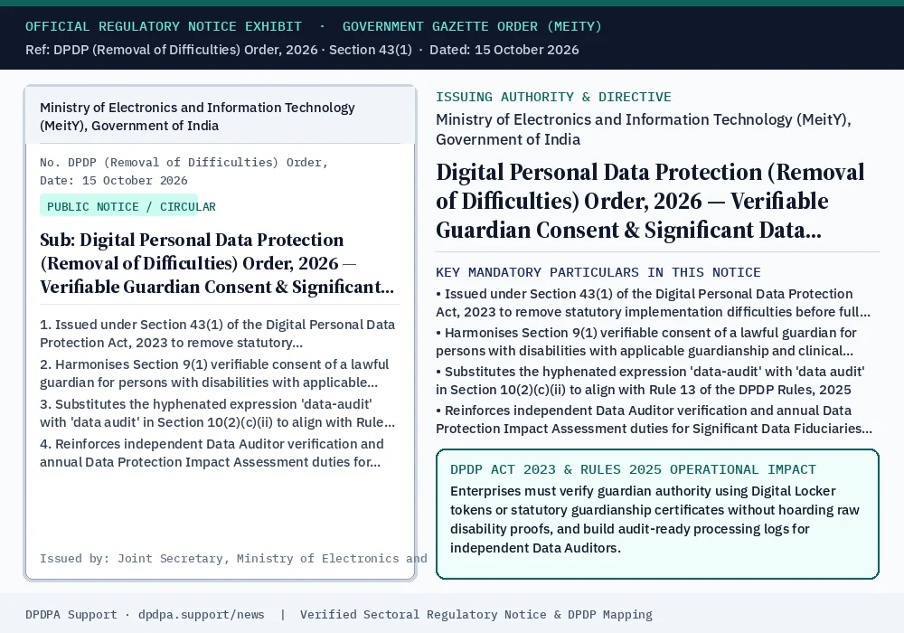 Official regulatory notice exhibit: Digital Personal Data Protection (Removal of Difficulties) Order, 2026 — Verifiable Guardian Consent & Significant Data Fiduciary Data Audits